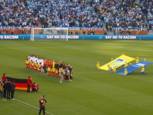 Germany and Argentina on the field ready to sing their national anthems. It was so surreal being there! I had come full circle! 